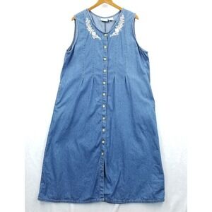Vintage Dress Women XL Blue Denim Maxi‎ Embroidered Sleeveless Pockets Pinafore